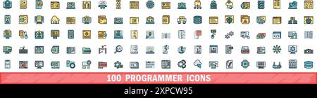 100 programmer icons set. Color line set of programmer vector icons thin line color flat on white Stock Vector