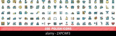 100 polish icons set. Color line set of polish vector icons thin line color flat on white Stock Vector