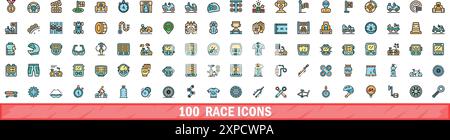 100 race icons set. Color line set of race vector icons thin line color flat on white Stock Vector
