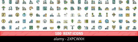 100 rent icons set. Color line set of rent vector icons thin line color flat on white Stock Vector