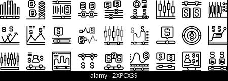 Price range icons set. Set of vector line icons representing various aspects of trading, stock market analysis, and financial planning Stock Vector
