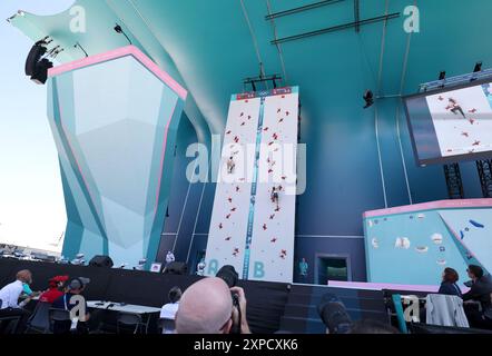 Paris, France. 5th Aug, 2024. Paris Olympics: Women's Speed Climbing - General view of the Women's Speed Climbing Competition at Le Bourget Sports Climbing Venue in Paris, France. During day 10 of the Paris Olympic Games 2024, Paris, France. Credit: Adam Stoltman/Alamy Live News Stock Photo