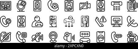 End call icons set. Line icons representing different ways people are blocking unwanted calls and messages using smartphones and social media Stock Vector