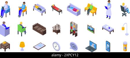 Psychologist office icons set. Psychotherapy treatment icons set, isometric style, various symbols of psychology and mental health Stock Vector
