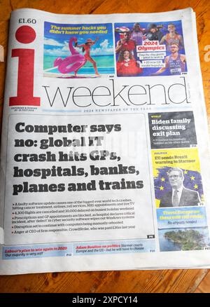 'Computer says no: global IT crash hits GP 's, hospitals, banks planes and trains' i weekend newspaper front page 20 - 21 July 2024 London England UK Stock Photo