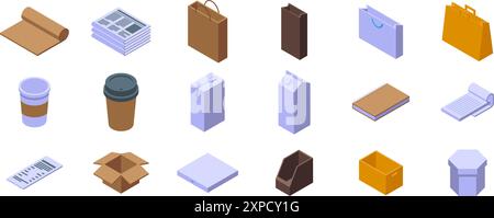 Paper litter icons set. Cardboard paper waste garbage trash recycling icons set in isometric 3d style Stock Vector