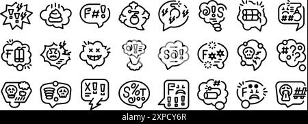 Swear speech bubble icons set. Set of icons representing people expressing negative emotions with swear words, insults, and aggressive symbols in speech bubbles Stock Vector