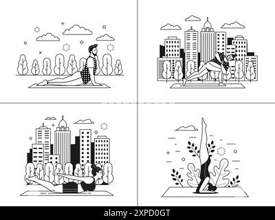 Diverse People Doing Yoga Outdoor Workout at Park Stock Vector