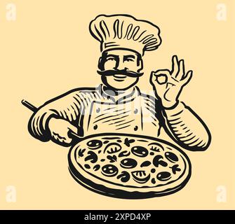 Chef with pizza. Italian food, fast food restaurant emblem or logo design. Sketch vector illustration Stock Vector