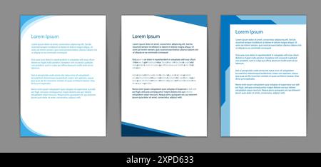 Three blue-themed document templates featuring Lorem Ipsum text. Modern and clean design on a gray background. Concept of document design templates Stock Vector
