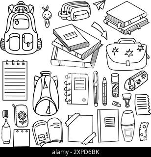 Outline doodles stationery and art supplies set. Accessories for study, student equipment, hobby items. Back to school. Vector illustration. Isolated Stock Vector