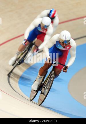 France's Florian Grengbo, Sebastien Vigier and Rayan Helal during the Men's Team Sprint qualifying at the National Velodrome, Saint-Quentin-en-Yvelines, on the tenth day of the 2024 Paris Olympic Games in France. Picture date: Monday August 5, 2024. Stock Photo