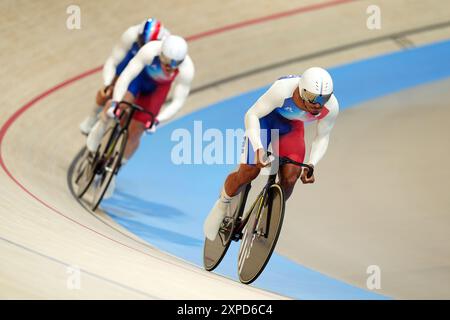 France's Florian Grengbo, Sebastien Vigier and Rayan Helal during the Men's Team Sprint qualifying at the National Velodrome, Saint-Quentin-en-Yvelines, on the tenth day of the 2024 Paris Olympic Games in France. Picture date: Monday August 5, 2024. Stock Photo