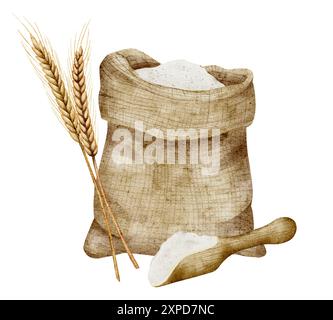 Sack of Flour with Scoop and Spikelets watercolor illustration. Drawing of burlap bag whole of cereal grain on isolated background. Ingredient for pastry and bakery. Sketch for product label. Stock Photo