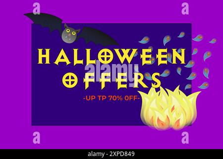 Eye-catching Halloween sale banner with spooky elements like bats and flames, perfect for promotions. Get up to 70 percent off. Stock Vector