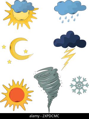 Cartoon weather Flat Icons of sun cloudiness lightning rain tornado Stock Vector