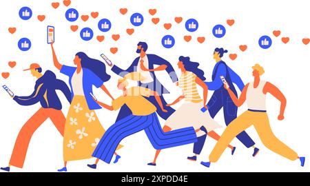 Group of colorful runners people isolated on white background. Concept of the influence of social networks. Influencer marketing social media concept Stock Vector