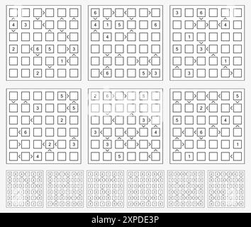 Futoshiki 5x5 puzzle set with solutions Futoshiki, or More or Less, is a logic puzzle game from Japan. Its name means "inequality". Stock Vector