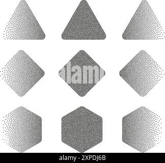 Dotwork abstract shapes, circle and square in black grain texture Stock Vector