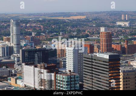 An elevated view in Leeds City Centre from the rooftop of the new Scape apartments building. Stock Photo