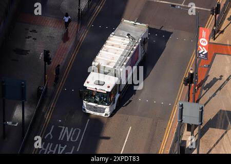 A top down view of a waste recycling truck on Merrion Street in Leeds City Centre,West Yorkshire,UK Stock Photo