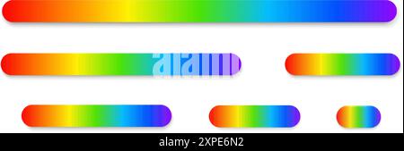 Set of buttons with light spectrum print. Different lengths lines with ultraviolet colors. Multicolored wavelengths. Colorful rainbow borders isolated on white background. Vector illustration. Stock Vector