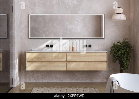 A bathroom with a large mirror and a wooden vanity with four drawers. A potted plant is on the right side of the vanity Stock Photo