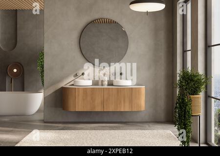 A bathroom with a large mirror and two sinks. The mirror is surrounded by plants and a vase. The bathroom has a modern and clean look Stock Photo
