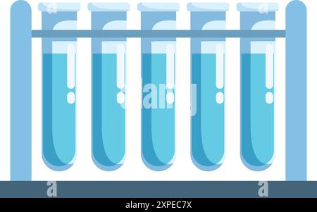 Test tubes with blue liquid on metal stand are standing on table in chemical laboratory Stock Vector