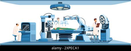 Medical team performing surgery using modern surgical robots in operating room, innovative medicine and healthcare concept Stock Vector