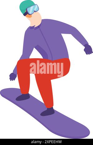 Snowboarder is crouching on his board while riding down a snowy mountain Stock Vector