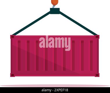 Red metal cargo container being lifted by a crane hook, freight transportation by shipping Stock Vector