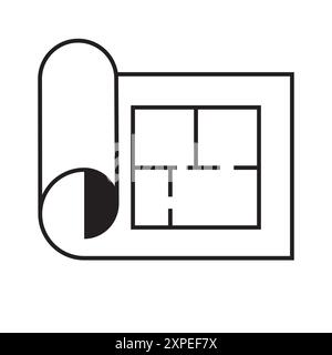 Rolled floor plan. Black outline drawing. Architectural Vector symbol. Building layout icon. Stock Vector