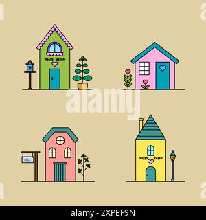 Colorful house icons. Cute cartoon buildings. Vector home illustrations. Charming residential designs. Stock Vector