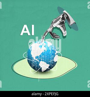A robot is pouring fuel into a globe with the word AI written on it. Concept of technology and innovation, as well as the importance of progress and a Stock Photo