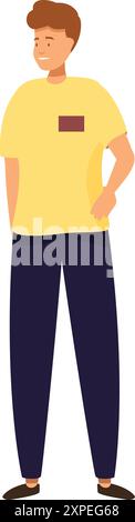 Illustration featuring a young adult male with a yellow shirt and navy blue pants, standing with his hand on his hip Stock Vector