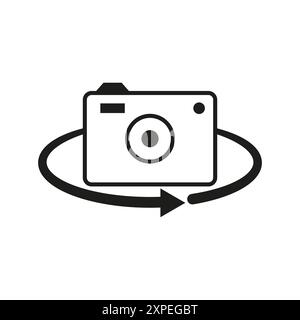 Camera rotation icon. Black camera symbol. Vector camera arrow. Circular motion illustration. Stock Vector