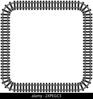 Railway track in square shape. Black and white vector illustration. Train track outline, corner turn. Stock Vector