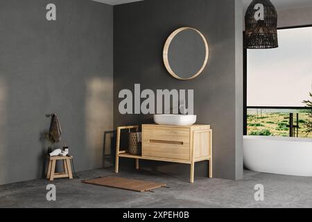 Modern bathroom interior with dark walls, ceramic basin with mirror, bathtub and grey concrete floor. Minimalist black bathroom with modern furniture Stock Photo