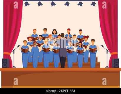 Choir is performing on stage, singing in unison and holding songbooks, while their conductor guides them Stock Vector