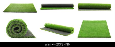 Green artificial turf isolated on white, set Stock Photo
