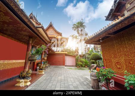 Beautiful buildings in ancient temples in Xishuangbanna, Yunnan, China. Stock Photo