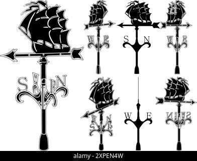 Weather Vane Vector. An Illustration Of a Traditional Wind Vane With a Sailing Ship On Top Isolated On A White Background. Stock Vector