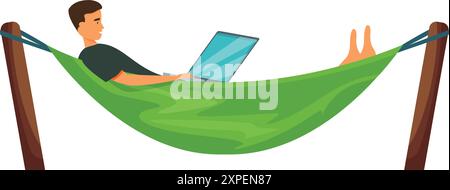 Freelancer working on laptop lying in hammock, enjoying distant work and relaxing Stock Vector