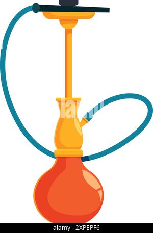 Illustration featuring a golden shisha pipe with orange vase and blue hoses, standing on a white background Stock Vector