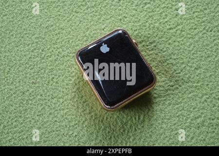 Terengganu, Malaysia - 23 August 2024 : Closeup of gold black fake apple smartwatch without straps on green background. Stock Photo