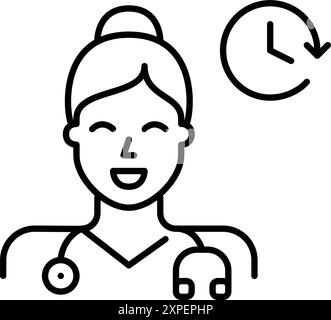 Female family doctor with stethoscope and clock. Health clinic working hours. Medical service schedule. Healthcare appointment. Pixel perfect vector Stock Vector