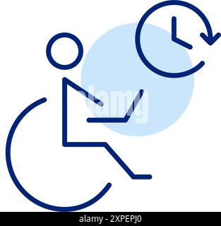 Disabled person in a wheelchair working at laptop and clock. Inclusivity, remote work schedule. Pixel perfect, editable stroke icon Stock Vector