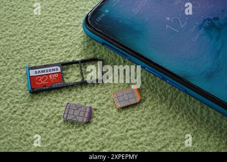 Terengganu, Malaysia - 23 August 2024 : Closeup of sim tray phones on green background. Dedicated sim tray phones. Samsung sd adapter and two sim card Stock Photo