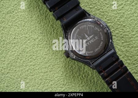 Terengganu, Malaysia - 23 August 2024 : Closeup of back panel pinnacle watch on green background Stock Photo